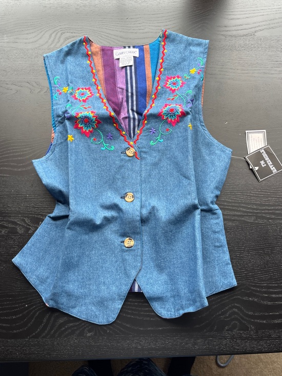 Cabin Creek Jackets & Blazers - Brand New Vintage Cabin Creek Size M Reversible Denim & Striped Embroidered Vest